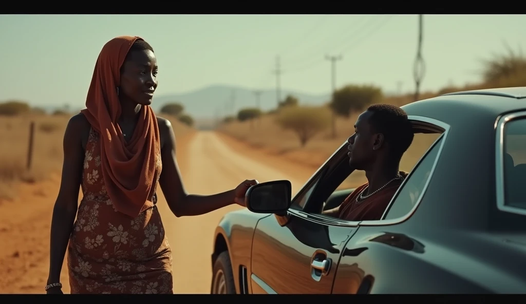 A dark-skinned young man is driving a car with his wife who wears corrective glasses. They are traveling in Mauritania. The wife is Muslim. Then the wife starts beating her husband severely.