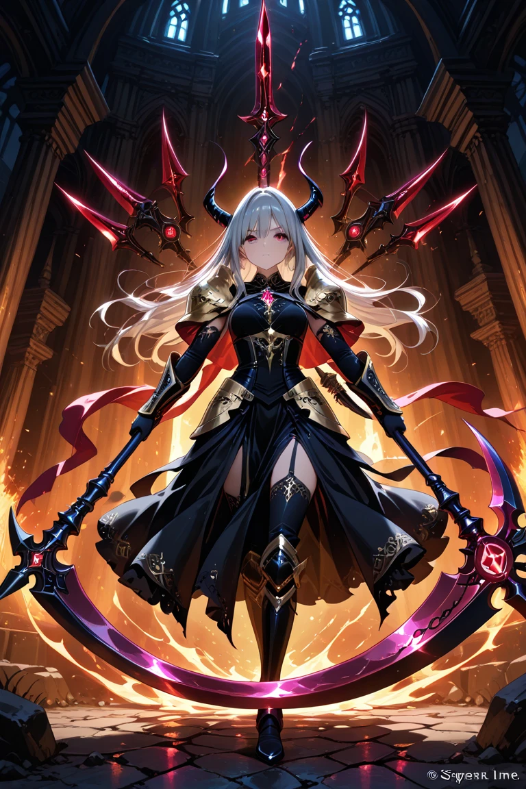 a woman with white hair and red streaks, neutral facial expression, detailed red eyes, holding a large ornate purple sword, detailed eyes, extremely detailed sword, cinematic dramatic lighting, fantasy, concept art
