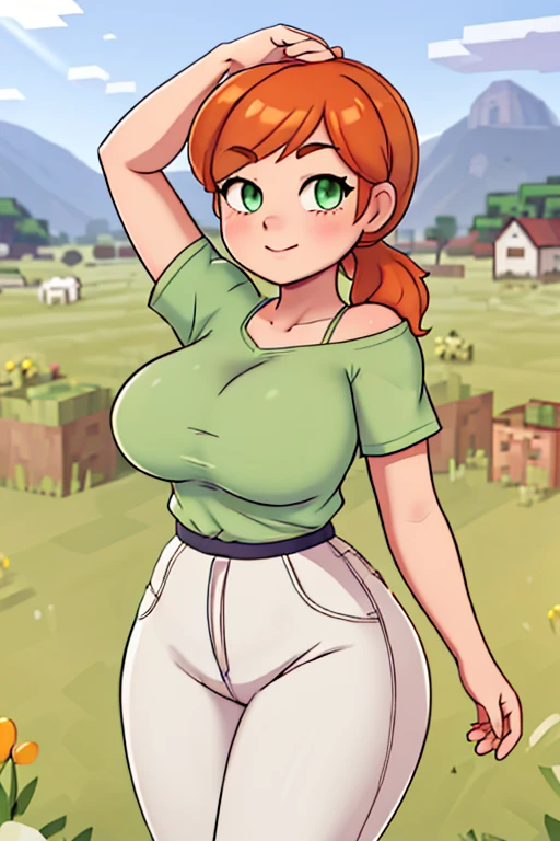 girl,(zucchini:1.1), crops,farm,countryside,scarecrow,red wavy hair,big_breasts,suspenders,denim shorts ,(masterpiece,detailed,highres:1.4)