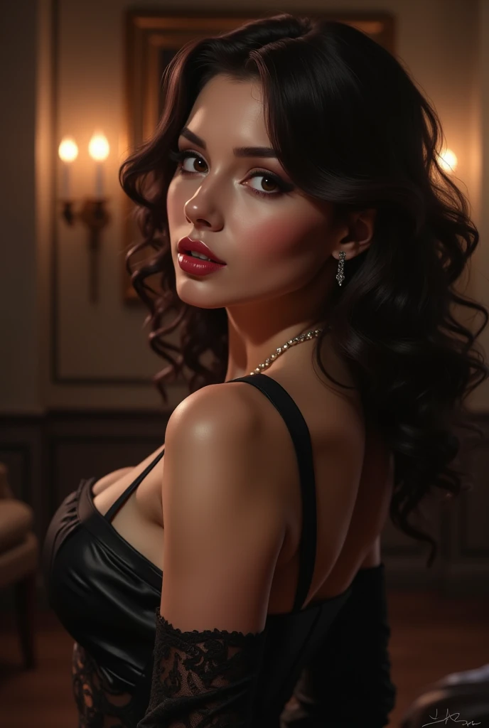She is a hottie and evil MILF who destroys foolish men with her carnal wickedness. A sultry black-haired femme fatale, 35 years young, exudes confidence as she poses in a luxurious setting Soft focus lighting highlights her porcelain complex and full lips, painted a deep crimson red. A sly smile plays on her lips, hinting at mischief. Her raven tresses cascade down her back like a waterfall of night. She's dressed to impress in a stunning evening gown, complete with diamonds and a statement piece around her neck. The camera captures her from a slight angle, emphasizing her curves and the provocative glint in her eye. A haze of sensuality surrounds her, as if she's about to unleash her cunning charm on an unsuspecting prey.