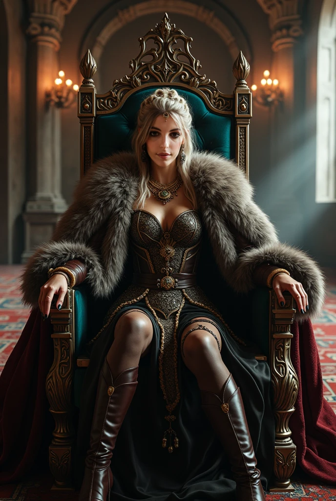 A muscular, tall, black African giant warrior-king, with black dreadlocks wearing a leopard skin robe and a necklace of predator fangs, sits on the Iron Throne, in the throne room of the kings of the Seven Kingdoms. Kneeling before him, looking at him with admiration, is Daenerys Stormborn, the Mother of Dragons, a beautiful young naked woman with violet eyes and silver hair, her dragons are visible in the background in the hall, fantasy style, comic style, Game of Thrones