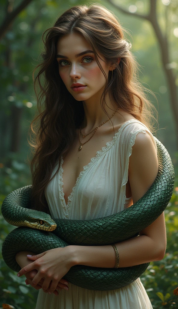 (best quality,4k,8k,highres,masterpiece:1.2),ultra-detailed,(realistic,photorealistic,photo-realistic:1.37),snake woman hybrid,beautiful detailed eyes,beautiful detailed lips,extremely detailed eyes and face,long eyelashes,scales covering the body,slithering movement,serpentine lower body,elegant and graceful posture,mesmerizing gaze,curved fangs,exotic and mesmerizing beauty,dark and mysterious aura,mythical creature,creature of legends,ethereal and otherworldly,iridescent scales,cold-blooded charm,shimmering patterns,alluring skin texture,enchanted forest background,serpent-like hair,seamless integration of woman and snake,secrets of the serpent world,elusive and enigmatic,serpent's hypnotic dance,charmingly dangerous,duality of femininity and serpentine power,wisdom and temptation,beautifully venomous,exotic flora and fauna intertwined,undulating motion,dynamic composition,artistically surreal,unleashing hidden powers,transformation and metamorphosis,unconventional beauty,unique and captivating,meticulously crafted masterpiece,awe-inspiring presence,vivid colors,soft and diffused lighting,impeccable attention to detail,half the girl's body from head to navel and half the snake's body from the hips down
