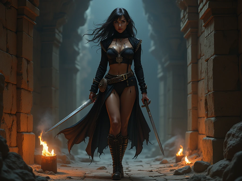 A beautiful woman in the center wields a scythe to face the camera，He was followed by a group of living dead，The female sickle and sickle that mainly highlight the center，The scene behind him is a battle scene between heaven and earth，This includes the Tower of Babel --auto