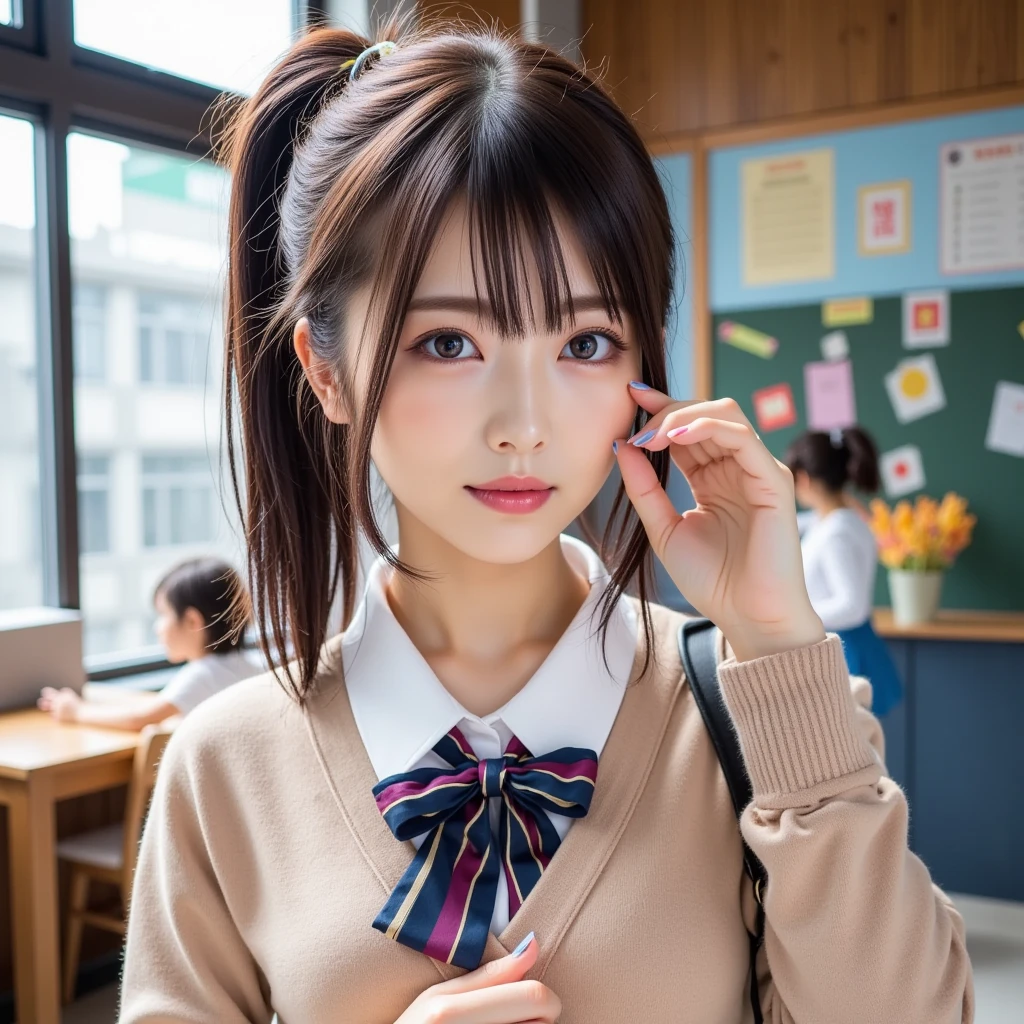 (((Shooting from below:1.5、Low Angle:1.2)))、One personの女性、cute、stand up、You can see inside her skirt、navy long sleeve cardigan:1.5、One person、日本の女子高to be born、One personで、Baby Face、:1.5、Flat chest、Short Bob、red Plaid skirt、Plaid、Black knee socks、navy long sleeve cardigan:1.5、Red pleated skirt、A bow tie、Short Bob、Navy Cardigan、Realistic scale、to be born、Highest quality、Masseter muscle area、Perfect Anatomy、Correct human body、School classroom、A classroom with rows of desks、blackboard、Professional Photographer、