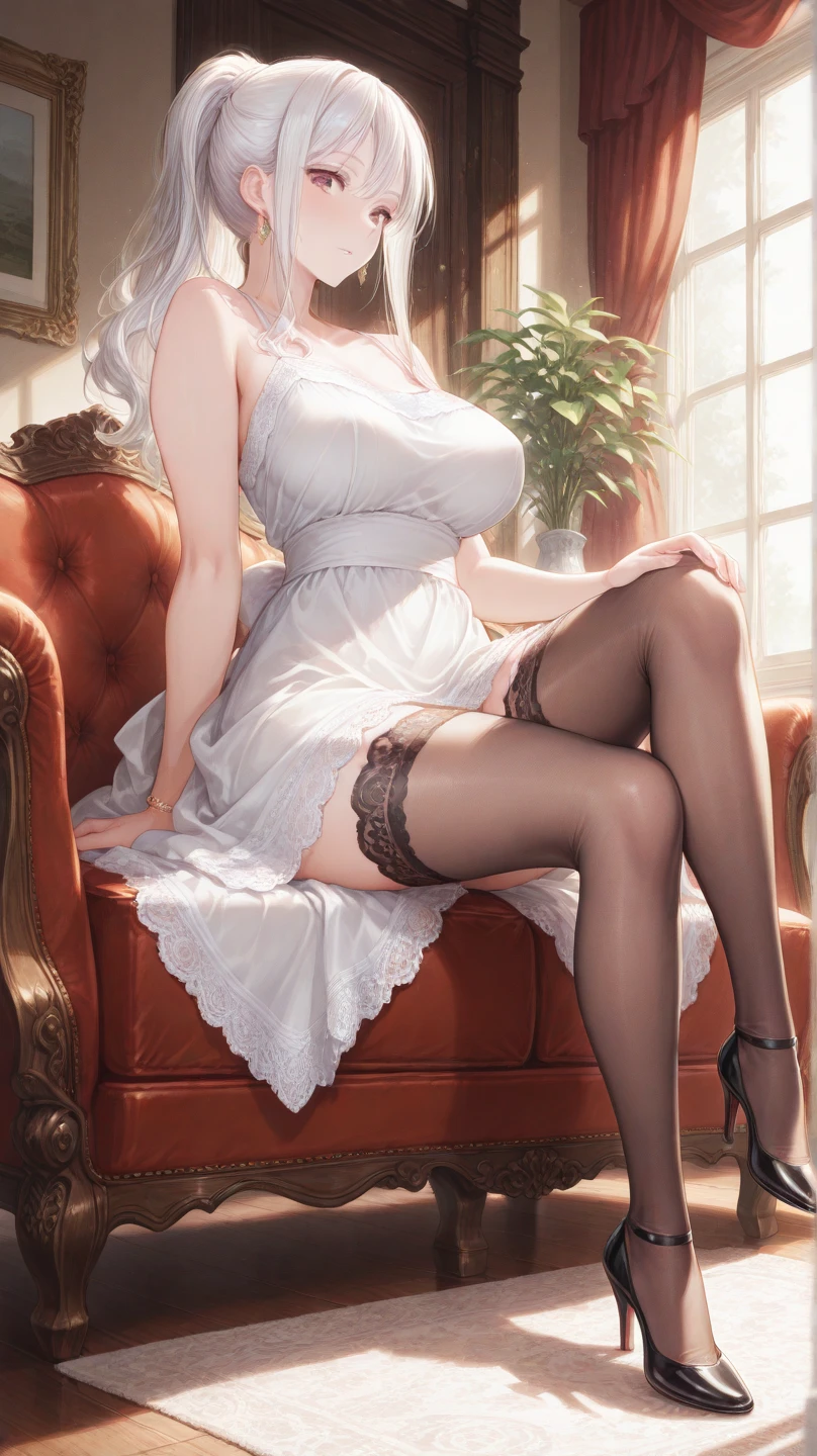 anime, beautiful face, highly detailed face, 2 accurate legs detailed eyes, highly detailed background, perfect lighting, accurate arms, accurate hands, accurate fingers, full body, 1girl, solo, ruby hoshino, oshi no ko, indoors, detailed heels, white detailed thighhighs, outdoor, ina garden of flowers, absurdres, high res, ultrasharp, 8K, masterpiece, looking at viewer, elegant pose, (full body:1.4), smiling with compassion, teasing smile, detailed dress, patterned wedding dress, , sitting down on a chair