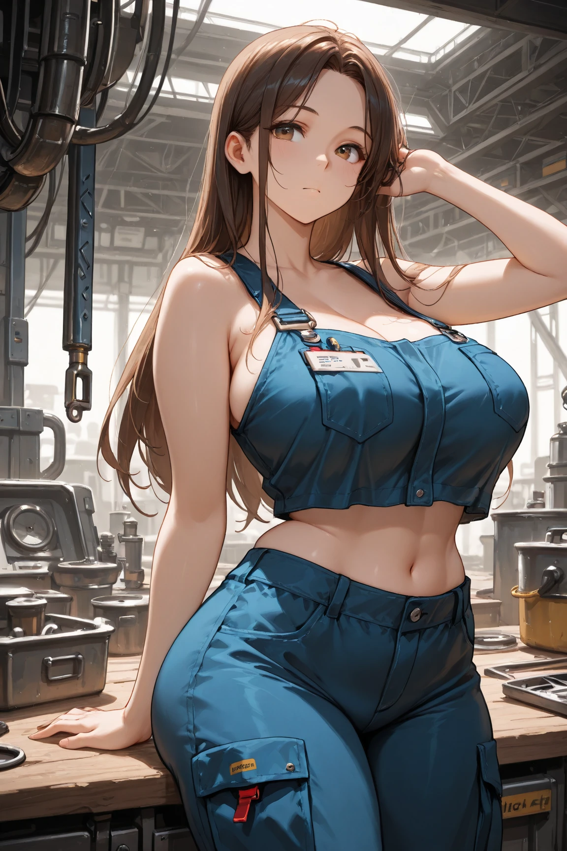 A sexy woman dressed in revealing lingerie, posing on a bulldozer that is at an active construction site