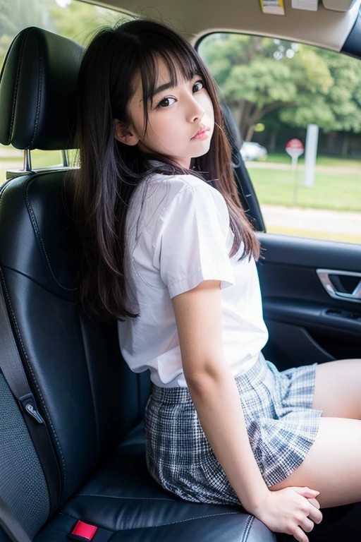 Girl cornered in the back seat of a car,one's legs spread ,hand job a pussy,look at someone with disdain, expression of dislike,very excited ????????, ,Age 18, gyaru make, body covered in bruises,Removed clothes are on the ground,panty, student, uniform