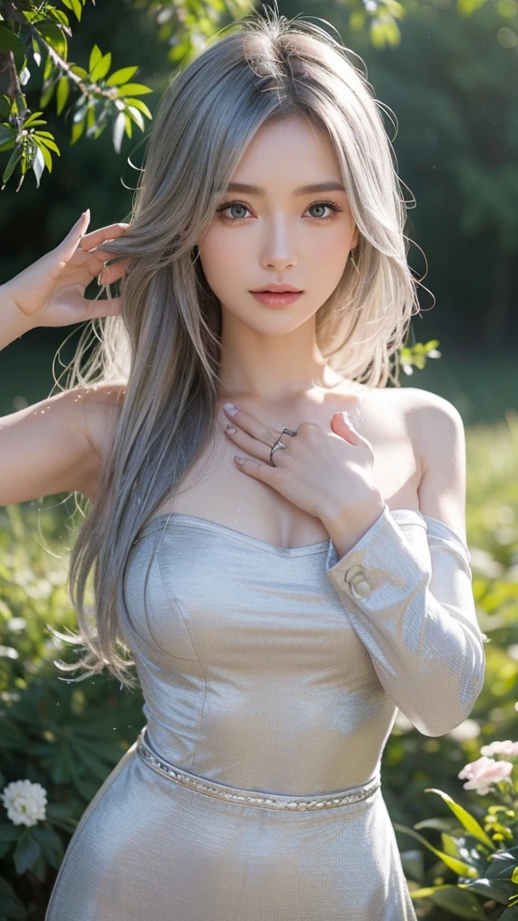 (front focus: 1.2), (face focus: 1.3), 1girl, solo, (full body portrait), (hyper realistic: 1.3), (photo realistic: 1.3), natural lighting, (curvy body type: 1.2), (large breasts: 1.3), (wide hips: 1.1), (small waist: 1.1), (large glutes: 1.1), (thick thighs: 1.1), medium hair, (white hair: 1.4), asymmetric hair, (thin bangs: 1.1), (hair between eyes: 1.1), (ponytail hair), hair behind ear, (long side bangs), (grey eyes: 1.4), long eyelashes, double eyelids, aegyo sal, wide outer canthus, red eyeshadow, winged eyeliner, blush, small jaw, (soft skin: 1.2), (finely detailed: 1.3), (very detailed face: 1.3), (detailed skin: 1.3), simple background, (thin black sundress: 1.2), (black skirt: 1.1), soft lighting, natural lighting, chromatic aberration, god rays, ray tracing, reflection light, backlighting, blending, bloom, cowboy shot, wide shot, UHD, retina, masterpiece, ccurate, (textured skin: 1.2), (anatomically correct: 1.2), super detail, high details, award winning, high quality, (best quality), highres, (8k resolution: 1.3), from slightly side, from slightly above, garden background, (smiling with perfect teeth), (laughing), (cute pose: 1.1), (exposed cleavage),