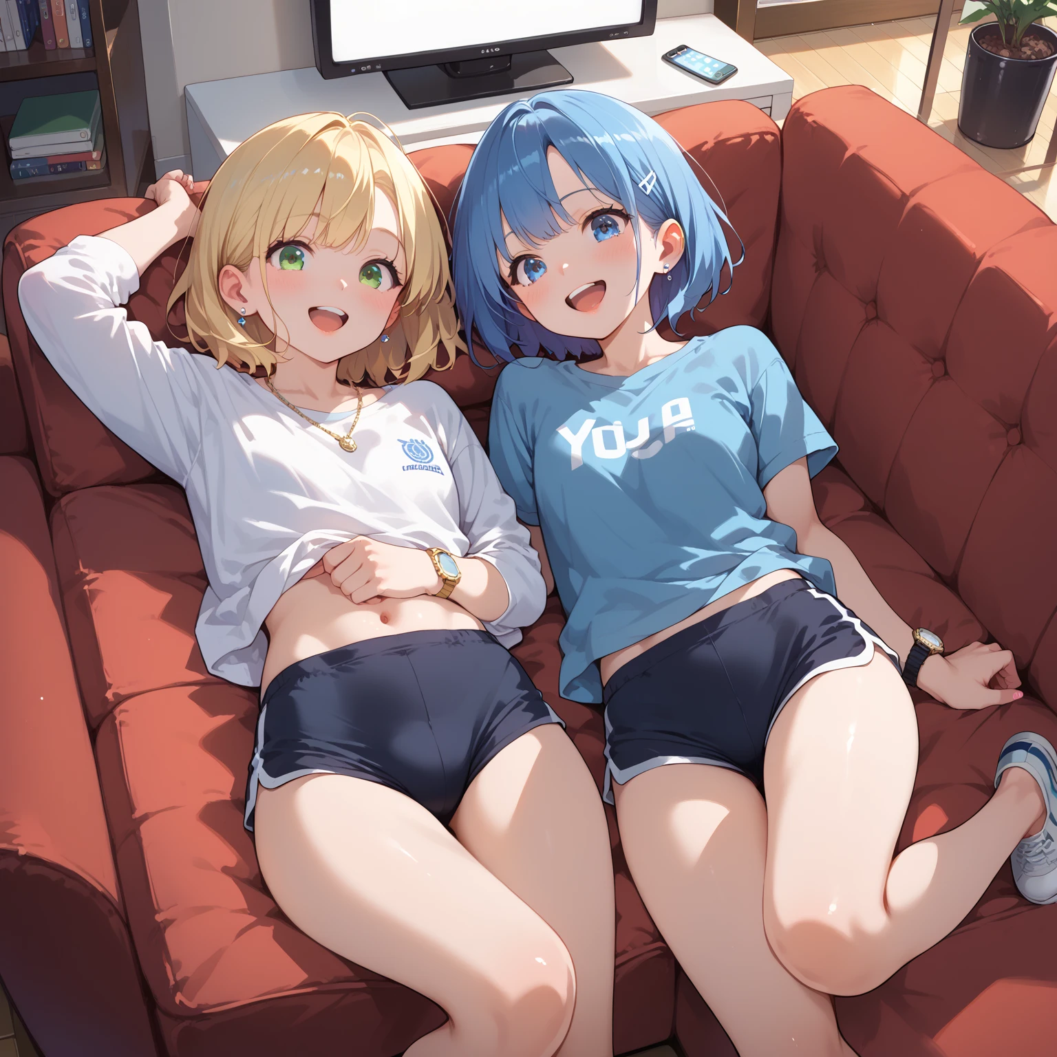 A 2 Boy - 14atch tb, boy wear crop top and short shorts, boy wear headphones, boy wear crop top, boy wear short shorts, a boy are smiling, a boys are watching tv