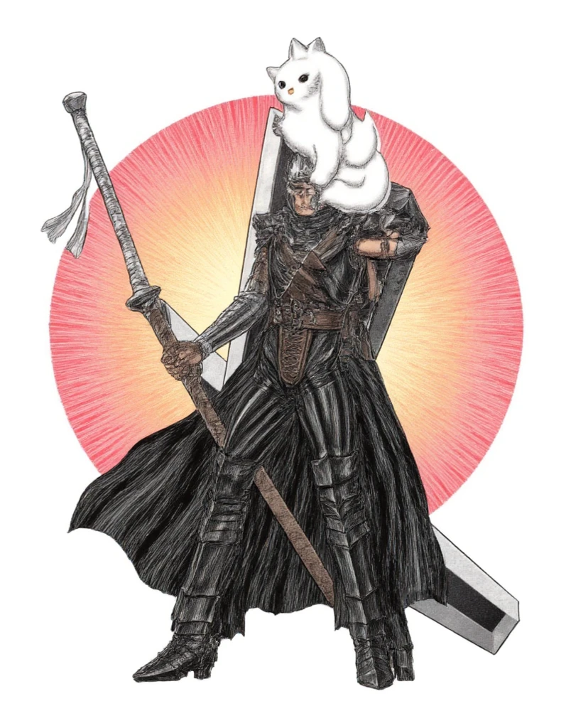 obra-prima, bright colors, , Color aura and eyes ,hello ((hello kitty)), , #cartoon #SeaArt Infinity, white background, desenho, ((cartoon)), ((Hello kitty guts berserk)), , ((hello kitty)), hello kitty , #berserk, sword in the back, estilo guts, black swordsman,