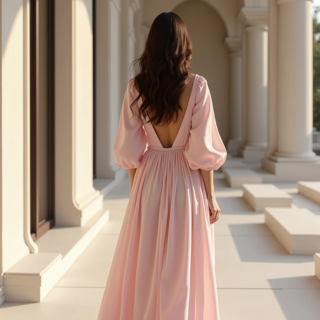 ((full body view)) a beautiful woman, age 18, long brunette stylish hair, red lips, eye mascara, super gorgeous, wears a gorgeous midi dress, puffed sleeve, model, red nails, ultra realistic, puffed sleeve maxi dress, skin spots, acnes, skin blemishes, bad anatomy,