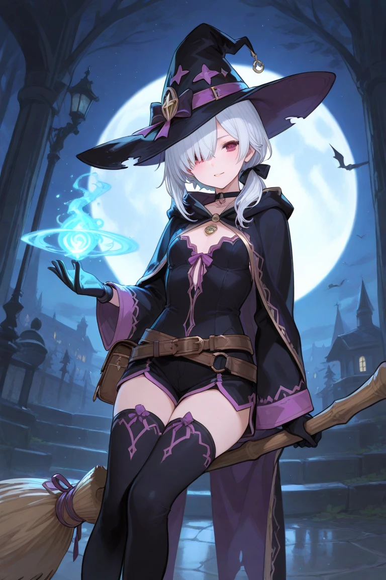 score_9,score_8_up,score_7_up,source_anime,rating_questionable,1girl,<lora:sorcerer:1>,sorcerer,tattoo,boots,fishnets,purple hair,evil smile,night sky,