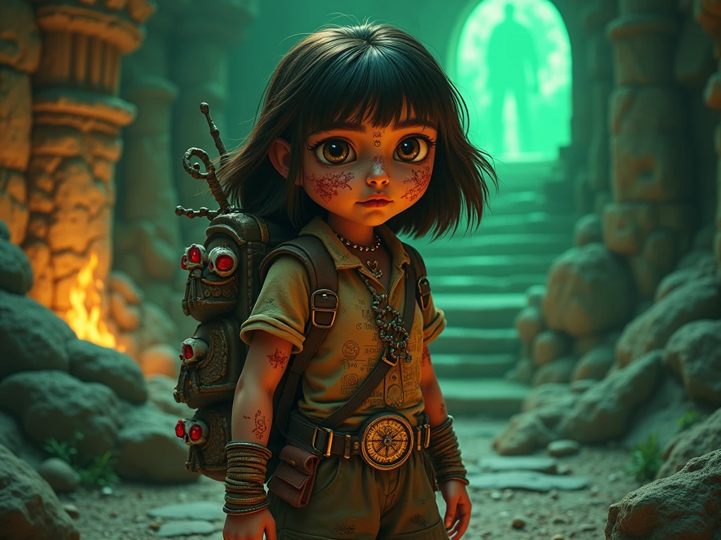 Dora the Explorer with completely black eyes and a sinister smile, holding her map like a haunted scroll that changes shape. Her skin seems to crack, , revealing dark tentacles under it. Background with a ruined playground and dolls with empty eyes.