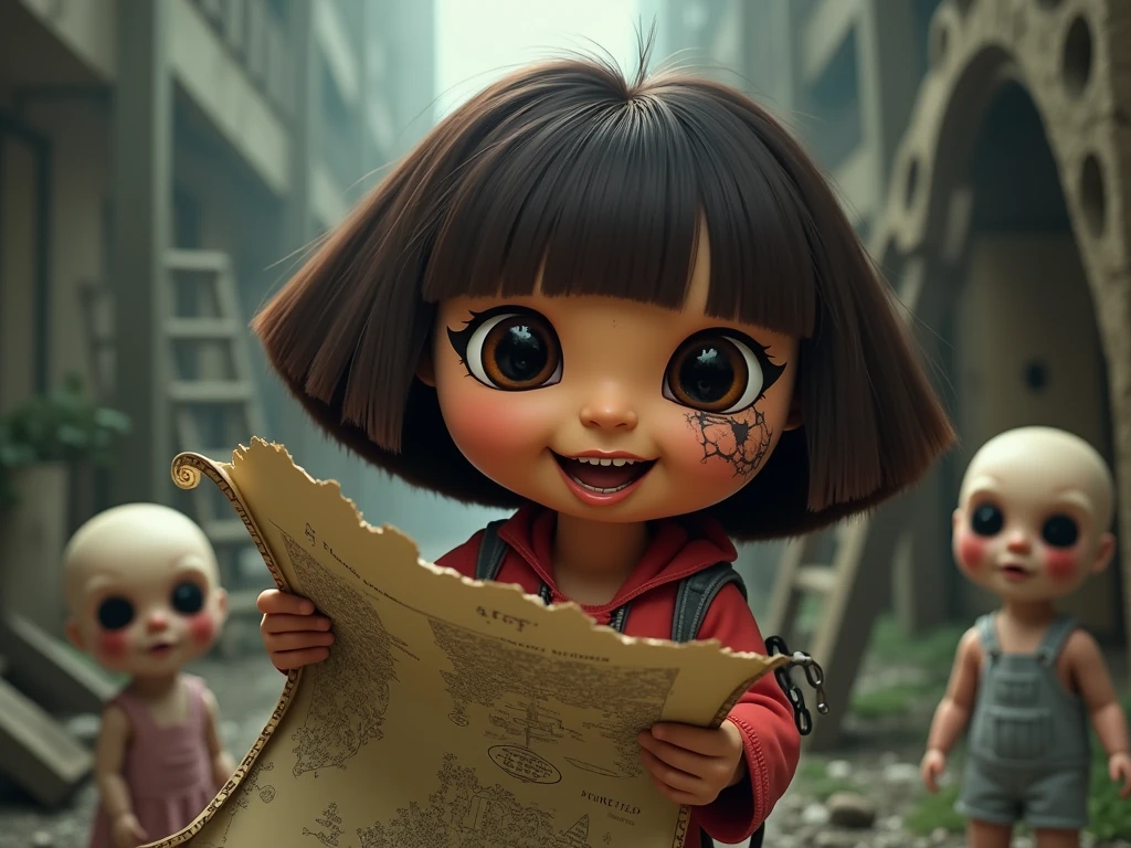 Dora the Explorer with completely black eyes and a sinister smile, holding her map like a haunted scroll that changes shape. Her skin seems to crack, , revealing dark tentacles under it. Background with a ruined playground and dolls with empty eyes.