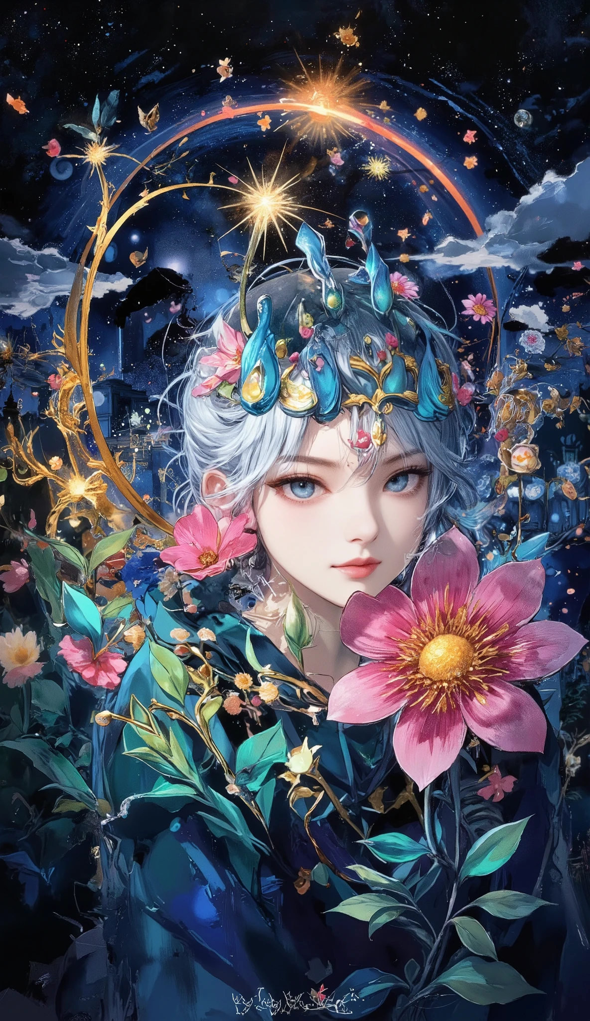 masterpiece, top quality, super res, perfect anatomy, female, Detailed Faces, Night view of a strange world、A strangest building、A Baffling Flower、light particles、Fauvism、 fantastic, dramatic, dynamic, absurd, metaphysics