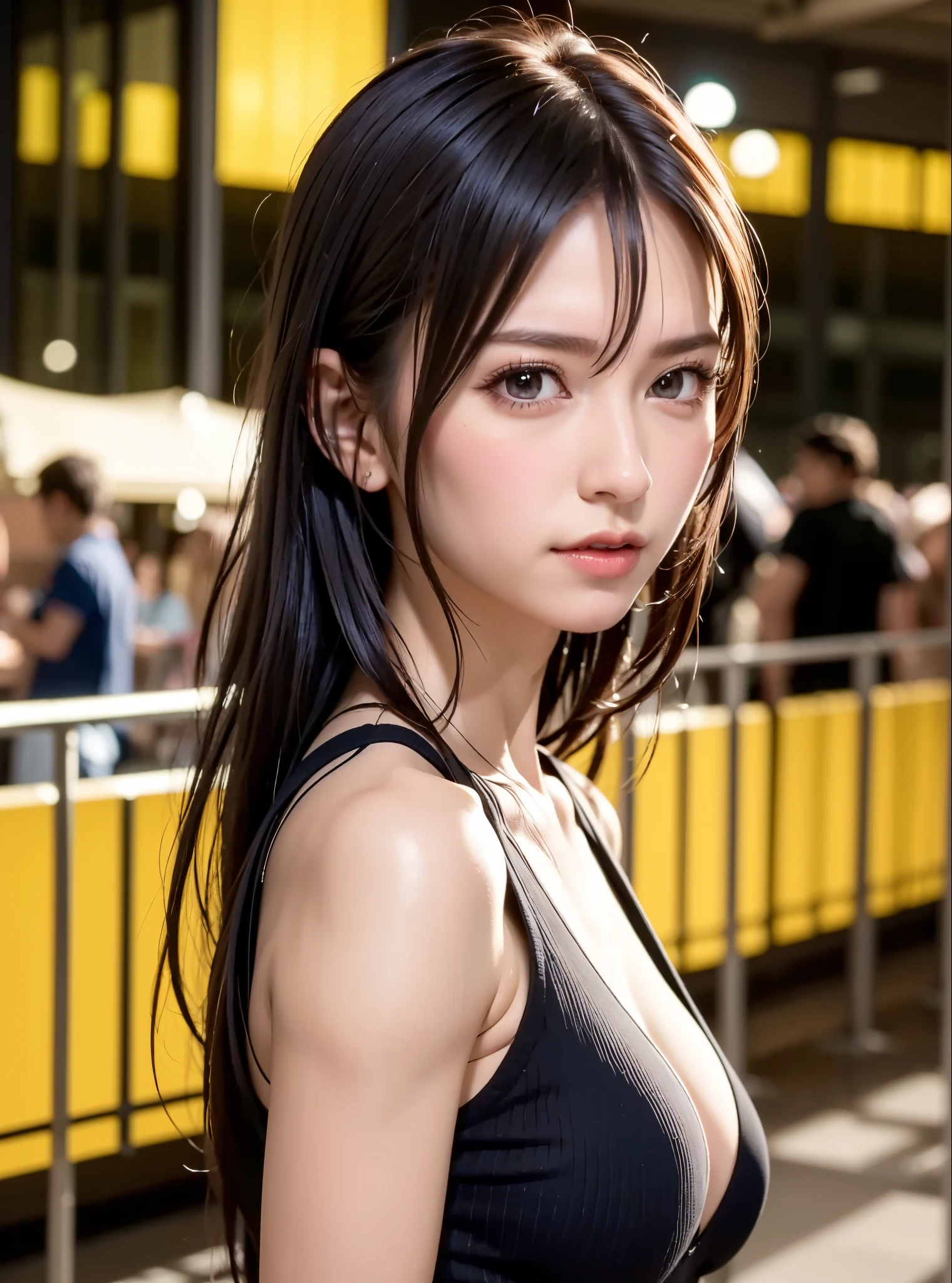 (In 8K, highest quality, masterpiece:1.2), (realistic, Photoreal:1.37), super detailed, Natural light, medium chest, I can see the cleavage, 1 person, 25 year old female, black hair, pendant, torn shorts, Light knit V-neck shirt, At the time of the performance, highly detailed face and skin, detailed eye, highly detailed face and skin