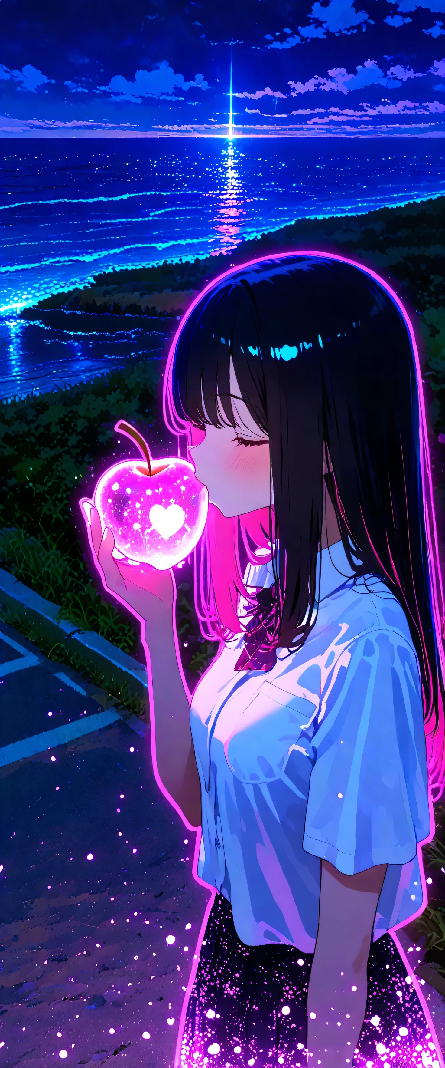 large size painting,(beautiful girl: 1.3),1girl,masterpiece, Highest quality, Ultra-high resolution,rich contrast,super high quality,8k,Highly detailed CG unit wallpaper,texture,Incredibly absurd,Ultra-high resolution,RAW Photos,high school girl,(As Born:1.3),short sleeve,long hair,Black hair,night,Moonlit Ocean,Horizon,xss,seaside road,Glitter effect,0__11Xx_illu,(glowing pink outline:1.3),(Eating a magical apple:1.3),