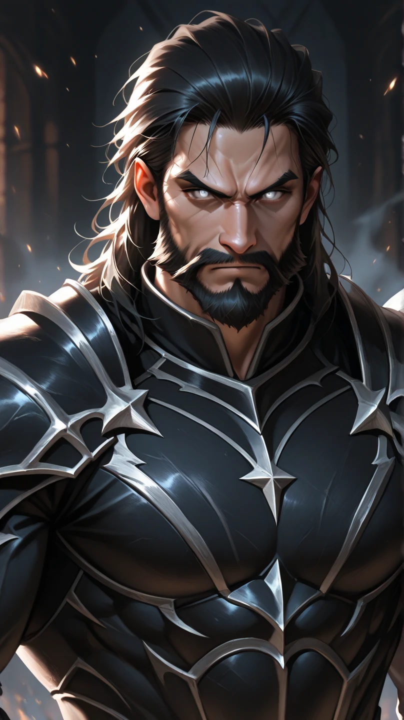 homem 35 anos, musculoso, cabelo longo preto, barba longa, com armadura medieval