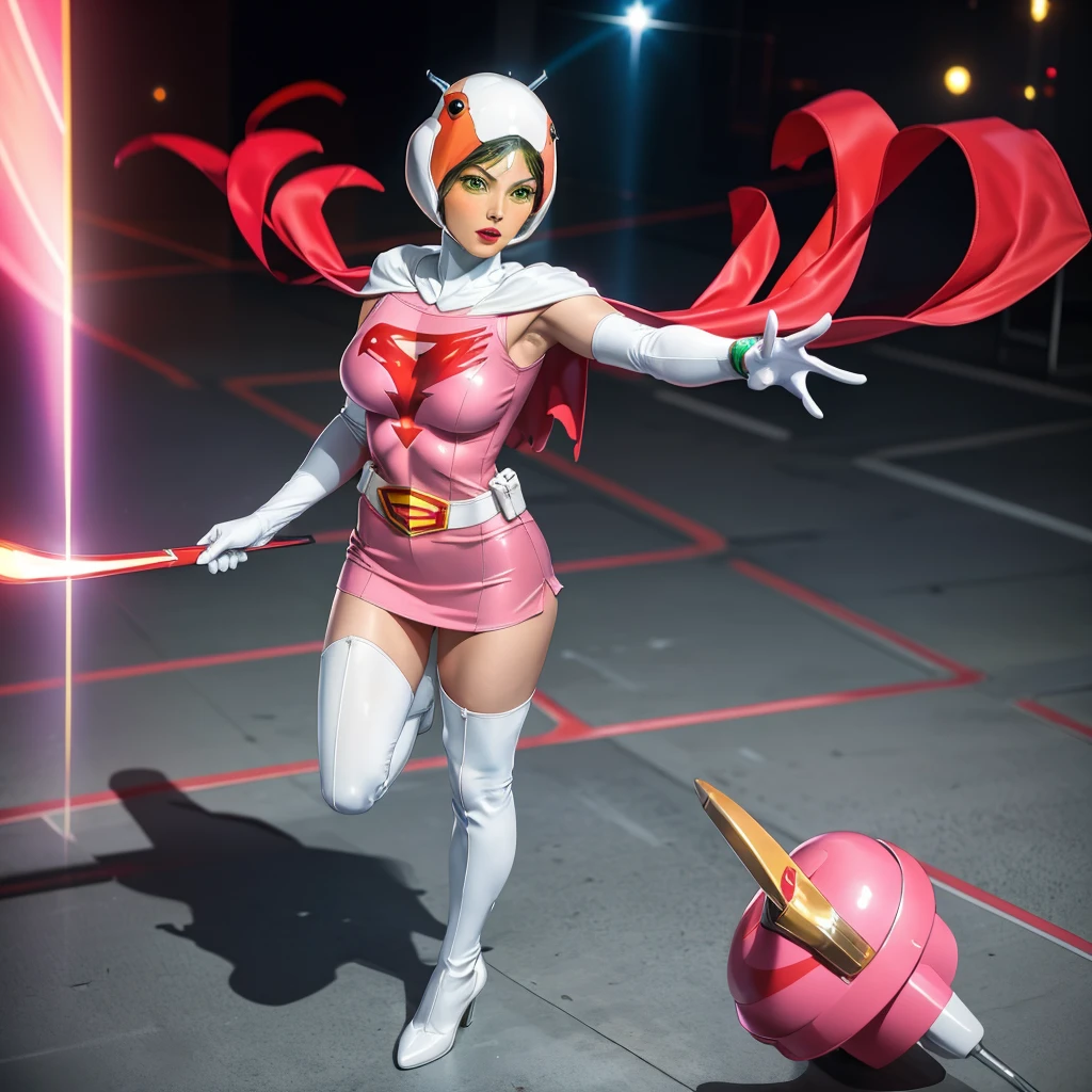 ANI_CLASSIC_jun_gatchaman_ownwaifu,1girl, 15yo,good anatomy, masterpiece, best quality,realistic, hyper realistic, 16k hdr, long hair,breasts,lips,large breasts,lipstick,makeup,gloves,cape,helmet,belt,elbow gloves,white gloves,mask,ultra miniskirt,leotard,spacesuit,white tight overknee highheels boots,pink dress,superhero,bodysuit,cleavage,erected nipples,(fighting poses),cameltoe