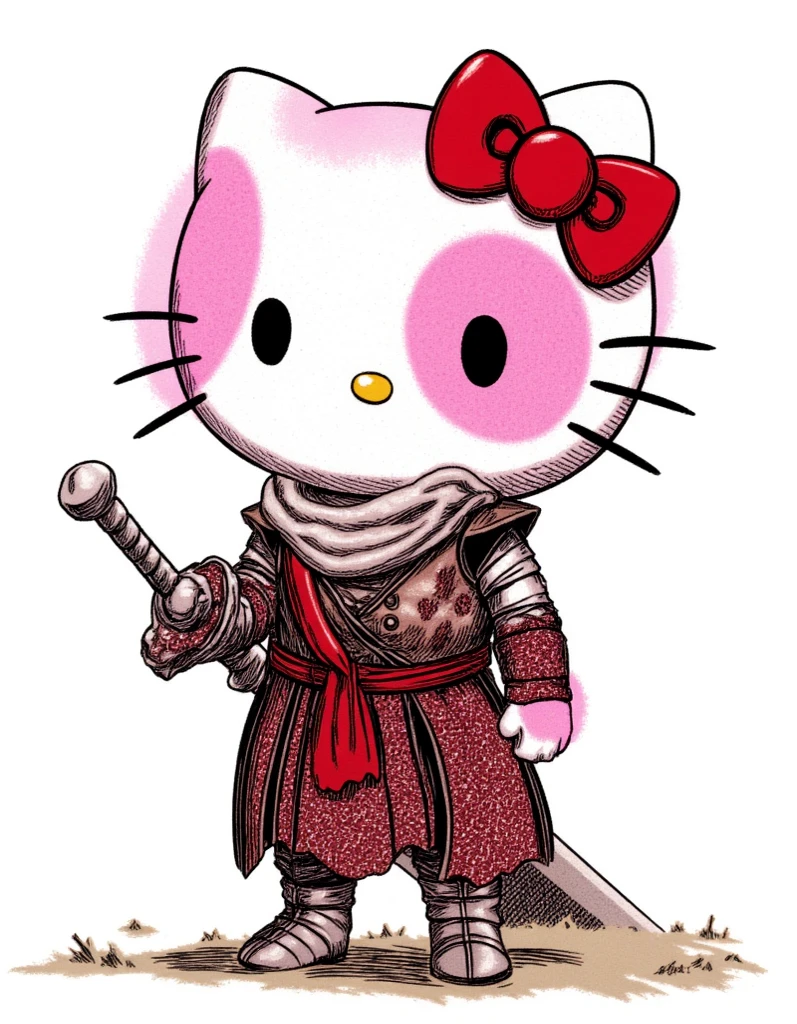 obra-prima, bright colors, , Color aura and eyes ,hello ((hello kitty)), , #cartoon #SeaArt Infinity, white background, desenho, ((cartoon)), ((Hello kitty guts berserk)), , ((hello kitty)), hello kitty , #berserk, sword in the back, estilo guts, black swordsman,