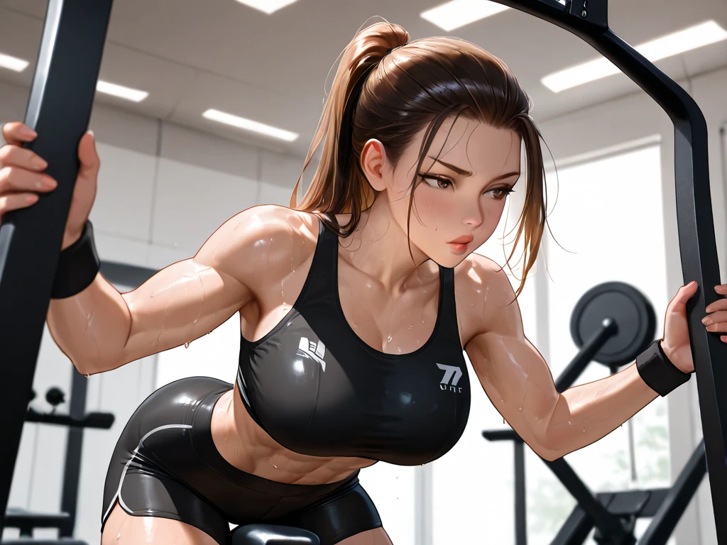 (8K, RAW Photos、Highest quality、masterpiece:1.2), 1 Girl, Mature Woman, Moving lines, Motion Blur,Cinema Lighting, Fine features and delicate expressions, Very beautiful woman, Toned body、Composition of the whole body、The perfect human body、(((character : Kyoka Tachibana)), ((Oily skin、Glowing Skin、Realistic skin texture、Fine and beautiful skin、Shiny skin、Shiny white skin))、Big Breasts、Big Breastsの谷間、Beautiful legs、Work out at the gym, black and red leggings and スポーツウェア、(vapor),((Sweat))、During weight training
