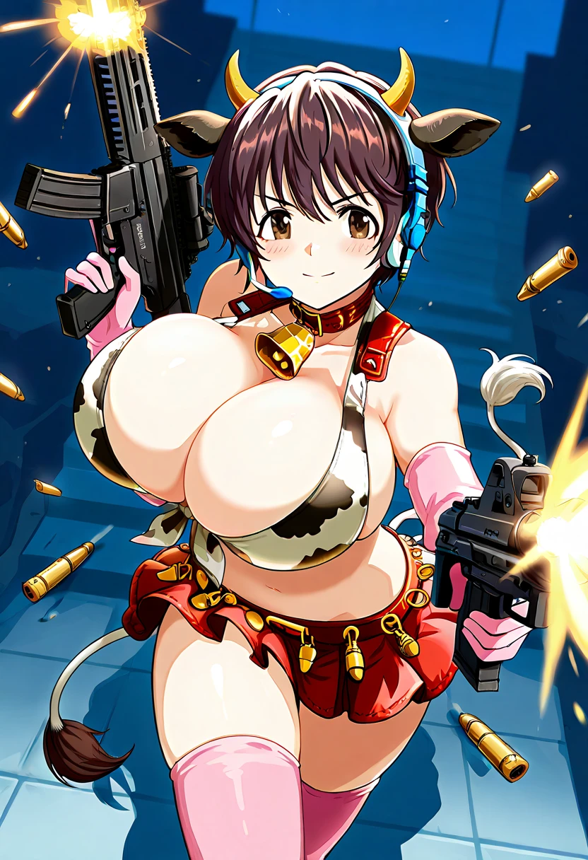 ((1 lady))、ultra-detailliert, Top image quality, digitial illustration, Seductive Anime Girl, Glossy realistic skin texture、Meticulously drawn hair, Meticulously drawn eye, Sharp Focus, Precise human body structure、Smooth texture、((Combative posing:1.5)), ((fighting stance))、((Holding a Heavy artillery:1.6, armament:1.3))、((bazooka, gatling gun, rocket launcher))、((dynamism:1.3))、((dynamic angle:1.2))、((Hover effect:1.4)), ((Being in battle field))、seductive smile、((latex micro bikini:1.3 crop top:1.3))、((sleeveless))、((cleavage:1.3))、((crop top navel))、((highleg:1.3))、((huge breasts:1.3))、((huge hip:1.3))、((thick thighs))、curvy、((collarbone))、((cameltoe))