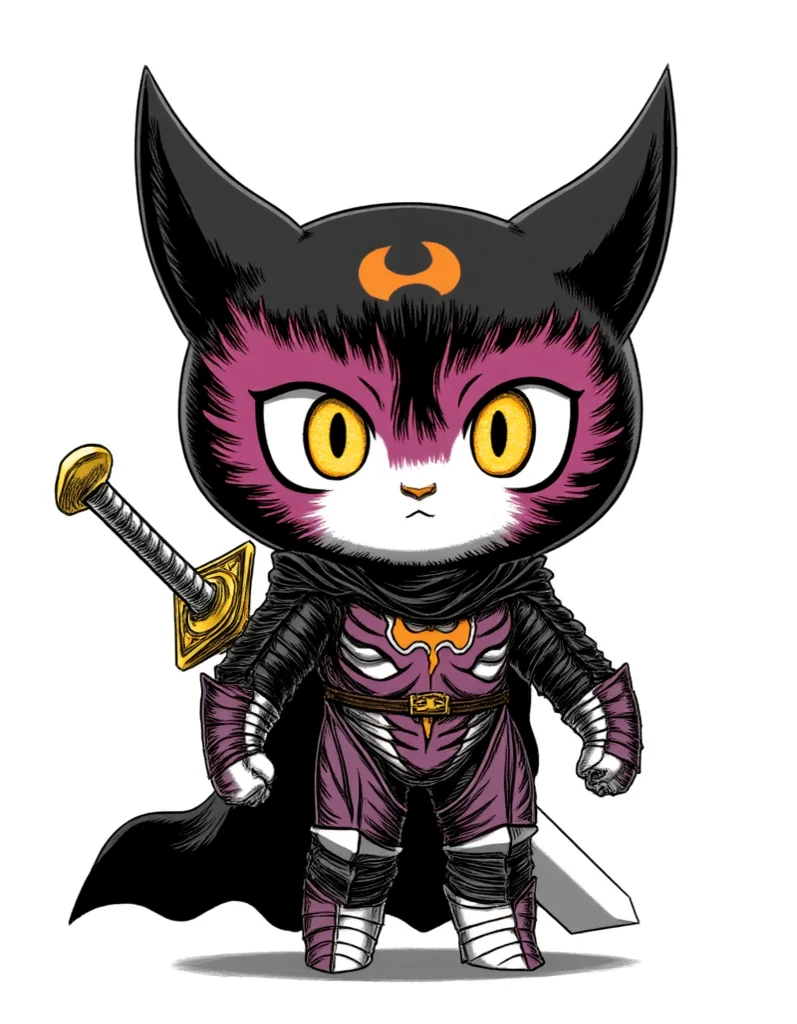 obra-prima, bright colors, , Color aura and eyes ,hello ((hello kitty)), , #cartoon #SeaArt Infinity, white background, desenho, ((cartoon)), ((Hello kitty guts berserk)), , ((hello kitty)), hello kitty , #berserk, sword in the back, estilo guts, black swordsman,