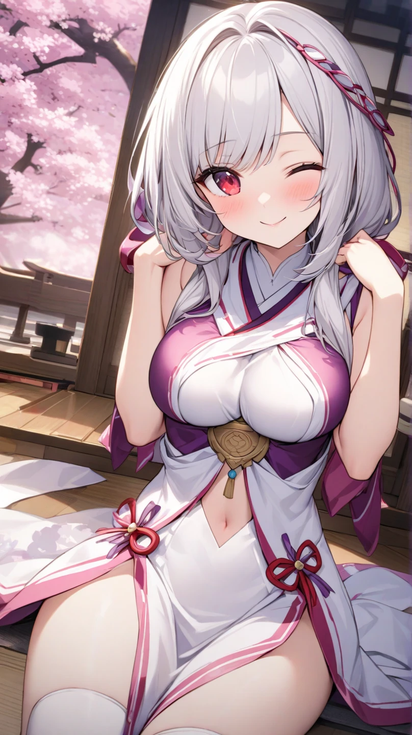 masterpiece, best quality,extremely detailed CG unity 8k wallpaper,
1girl,okita souji \(fate\), smile,blush, facing viewer,(kimono:1.2), (short hakama:1.2), (cleavage),