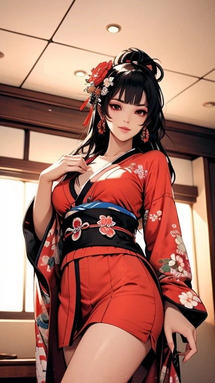 NSFW、最high quality、high quality、best image quality、8K、最High resolution、High resolution、最high quality、masterpiece、Extreme close-up portrait、Raw photo、realistic atmosphere、(detailed face)、(fine hands、thumb１reference４)、(beauty of japan )、very nice face、cute face、((beautiful japanese girl))、(japanese woman), ((18 year old beautiful girl))、(glossy black hair)、(straight long hair)、(ponytail)、whole body、slim style、(shiny skin)、(Fair skin, Glossy skin)、real human skin、realistic human body structure、perfect body， perfect face， perfect hands， perfect fingers， perfect lips， perfect eyes，perfect teeth、perfect background， perfect atmosphere， natural soft light、photon mapping、japanese samurai、japanese samurai、Japanese swordsman、((Japanese swordを手に持つ日本の女武士))、(Girl wearing Japanese samurai costume)、warrior girl、Japanese sword、japanese traditional、((Japanese sword(gently curved long sword))、((floral kimono(Sheer、sexy、transparent、erotic))、((鋭いJapanese swordを手に持つ女の子))、In front of a samurai residence in Japan、((random color floral pattern(samurai kimono、Hakama with slit))、A dynamic stance that reflects the swordsmanship cultivated as a samurai.、sword-drawing posture、Iainuki stance、