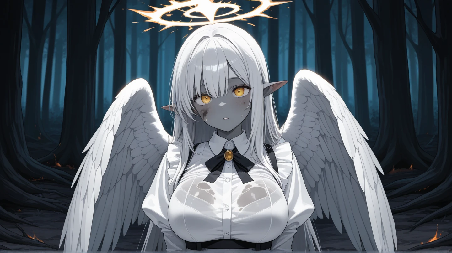 Masterpiece, 4k, high quality, 1 girl,white short hair, white horns,sad depressed expression,blue patterned monk robe, white gloves, magic staff,elf ears, right eye orange left eye blue,tears of blood from her eyes, in the night, in front of a great owl, Chinese neck tattoos, hole in chest dripping blood, tore garment, black blue patterned head band 