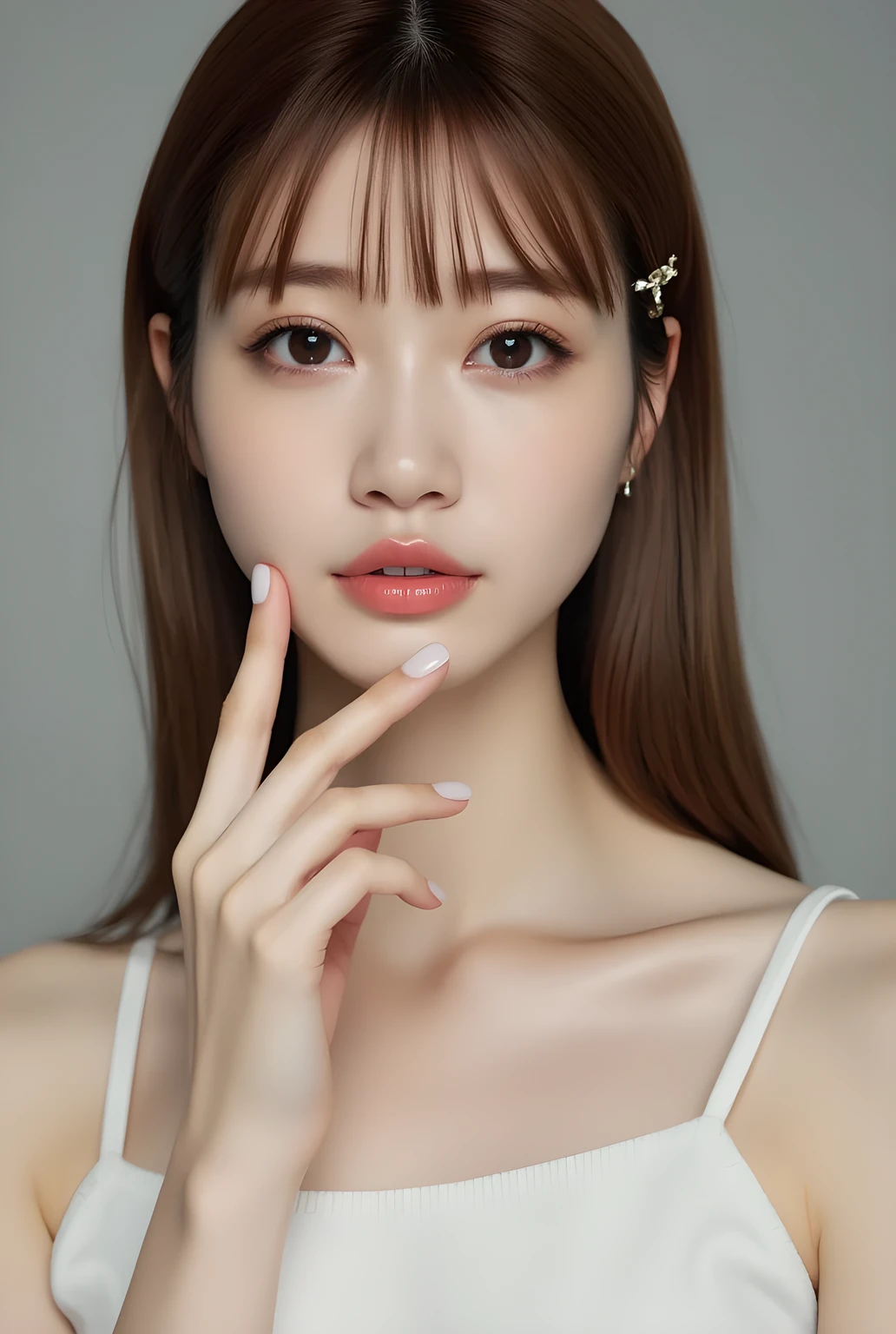 ultra-realistic, photorealistic, best quality, 8K, top-quality, masterpiece, ultra-detail, super high resolution, Improvement of quality, Enhances the beauty of skin texture, Clean and glowing skin, Smoother lighting, Improving the quality of cinema lighting, Backlight, A gentle light for face, 32K, 1girl, solo, Meru Nukumi, small head, perfect female body, Skinny, Slim Waist, large breasts, detailed skin, smooth skin, (fair skin, white skin:0.5), Beautiful Natural Lips, Beautiful Face, (thin Girly White Collared blouse), High resolution, Natural look, Improves hair quality, Delicate light and shadow, Sharp details, Soft light reflection, Beautiful contours, Delicate skin tone, Fine hair texture, pink cheek, Light Smile, Beautiful and perfect face, perfect anatomy, Beautiful Eyes, Kind eyes, (beautiful black eyes, beautiful detailed eyes, detailed eyes:1.2), meru_nukumi, nukumi_meru_flux_ , gray background, Upper Body, beautiful detailed face,