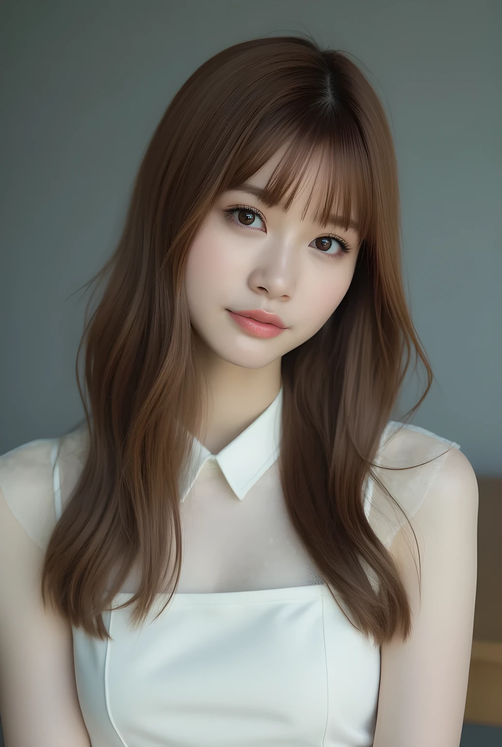 ultra-realistic, photorealistic, best quality, 8K, top-quality, masterpiece, ultra-detail, super high resolution, Improvement of quality, Enhances the beauty of skin texture, Clean and glowing skin, Smoother lighting, Improving the quality of cinema lighting, Backlight, A gentle light for face, 32K, 1girl, solo, Meru Nukumi, small head, perfect female body, Skinny, Slim Waist, large breasts, detailed skin, smooth skin, (fair skin, white skin:0.5), Beautiful Natural Lips, Beautiful Face, (thin Girly White Collared blouse), High resolution, Natural look, Improves hair quality, Delicate light and shadow, Sharp details, Soft light reflection, Beautiful contours, Delicate skin tone, Fine hair texture, pink cheek, Light Smile, Beautiful and perfect face, perfect anatomy, Beautiful Eyes, Kind eyes, (beautiful black eyes, beautiful detailed eyes, detailed eyes:1.2), meru_nukumi, nukumi_meru_flux_ , gray background, Upper Body, beautiful detailed face,