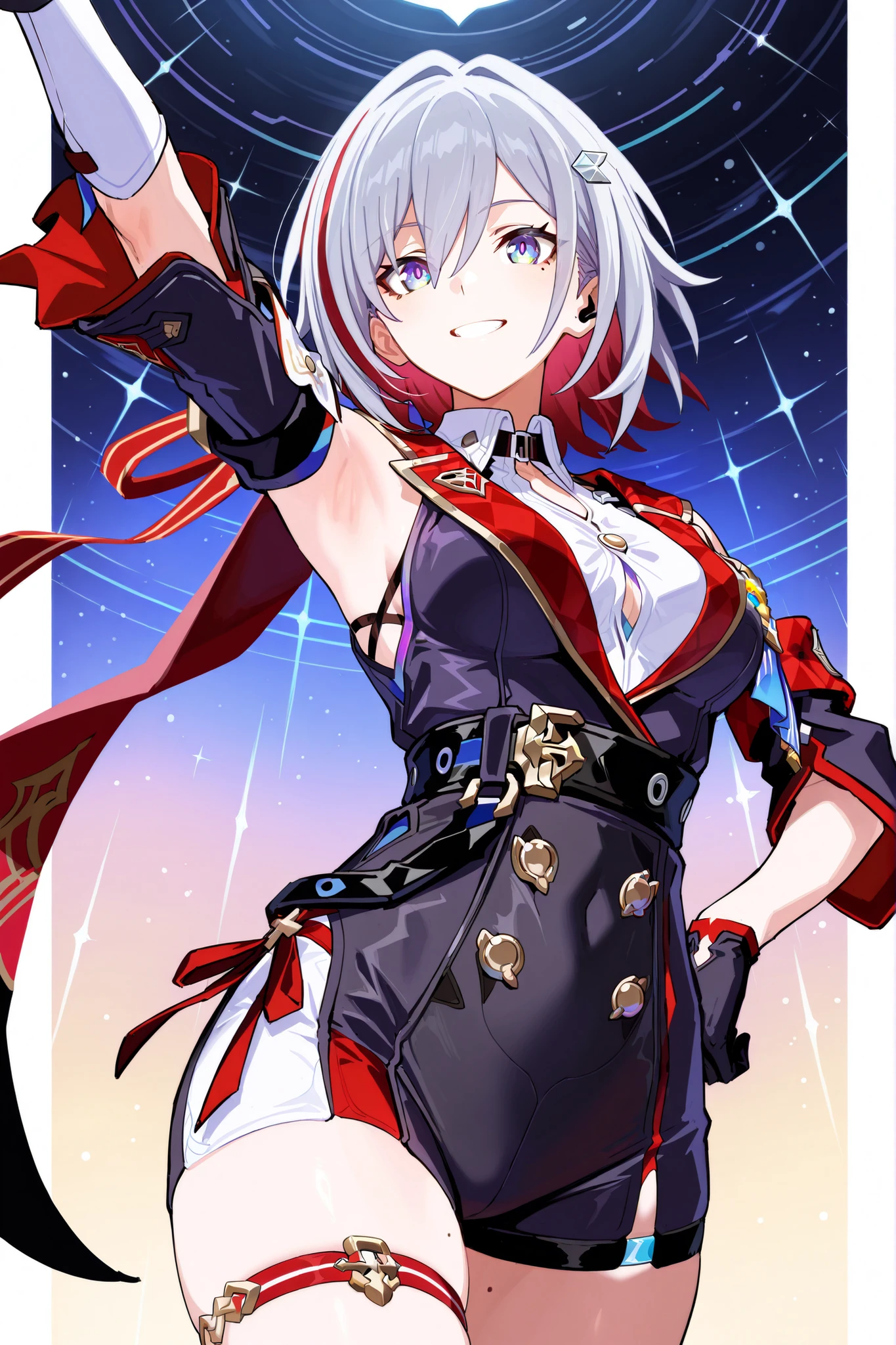 score 9, score 8 up, score 7 up, ultra-detailed, (best quality, (((masterpiece))), ultra detailed, ultra high res, absurdres, high-resolution, highest quality, very aesthetic, textile shading), source anime, (detailed eyes), (detailed face), , sfw, BREAK, (ulrich /(tagaragakuin/)), (topaz /(honkai: star rail/)), (honkai: star rail), thighs, hip, smile, hand on own hip, mole on thigh, armpits, shorts,