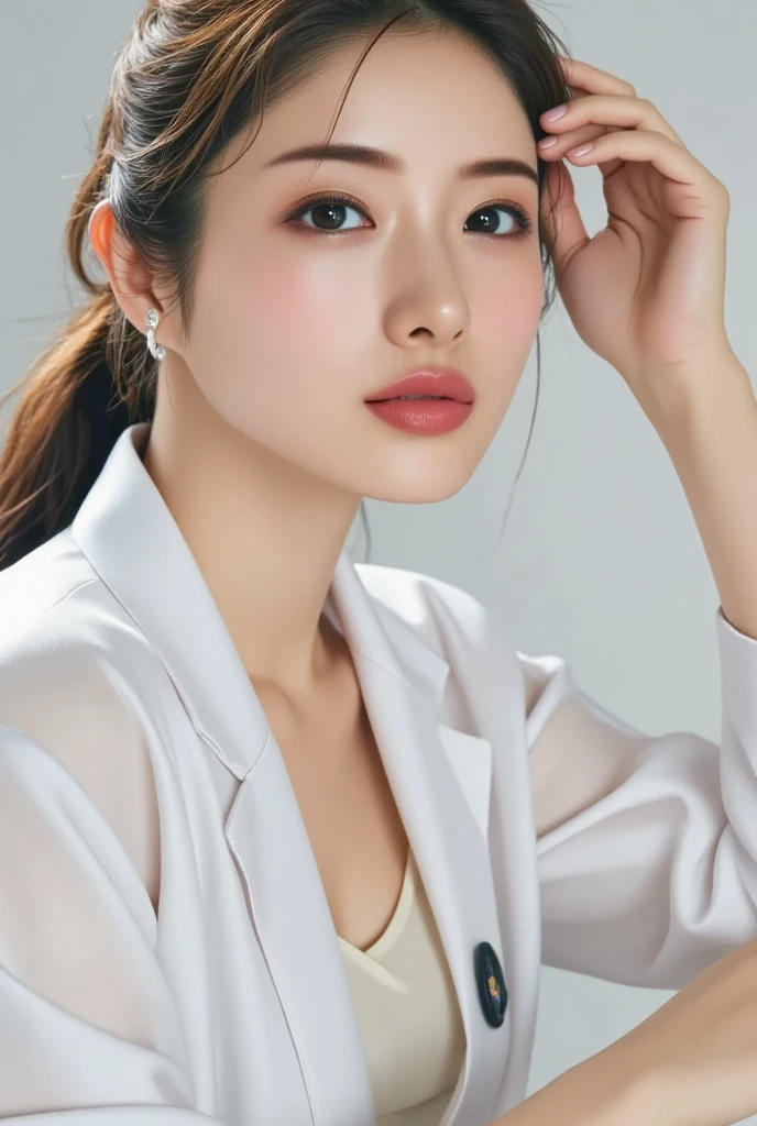 (realistic), (hyperrealism),best quality, masterpiece,ultra high res, (photorealistic:1.4),1girl, simple gray background, formal dress,
upper body,<lora:makina69_hansohee_v2.4:1>