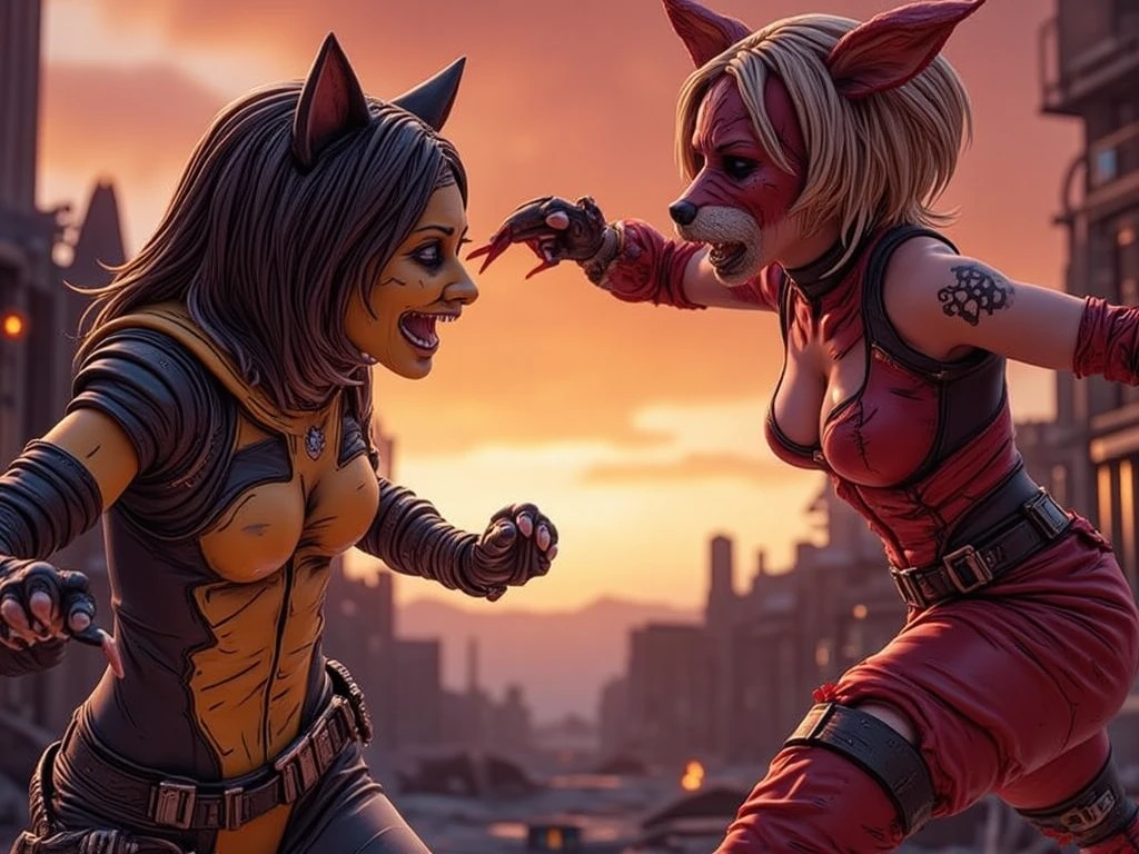 "A cyberpunk battle scene set in the year 2500 on a desolate Earth. In the center, a crab and a monkey face each other in intense combat. The crab, with its large pincers and protective shell, is colored in shades of crab red and rice ball white. It wears a pendant shaped like a rice ball, which serves as an energy supply device. The monkey, agile and monkey-like in physique, is dressed in protective clothing and monkey fur. It wields an energy stick as a weapon and wears a fruit-shaped pendant, also an energy supply device. The monkey's concept colors are monkey brown and fruit yellow. The crab and the monkey are in a state of hostility."