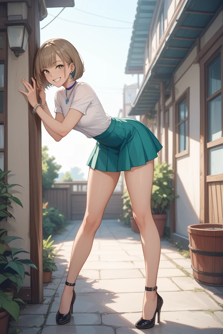 Aurea juniper, Green Skirt, White shirt, White, smile,