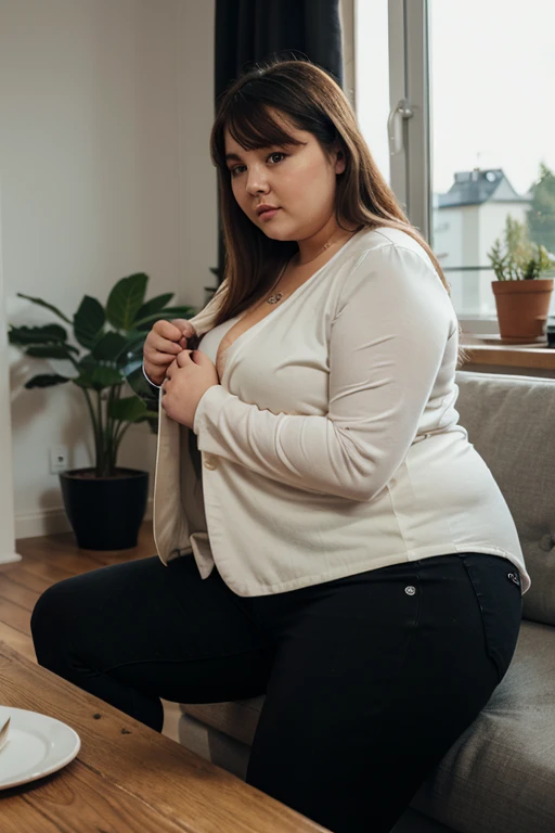 fat woman, sitting on the red sofa, with black pants, gray shirt