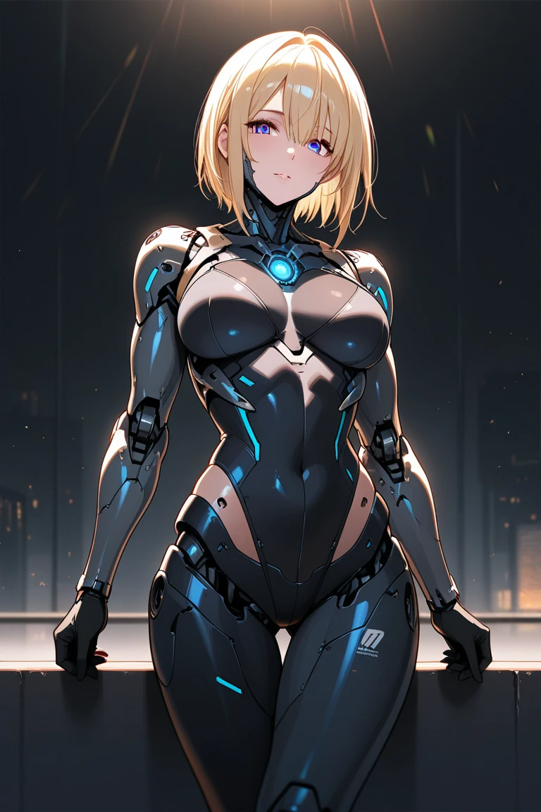 masterpiece, high quality, detailed eyes,
1girl, solo, blonde hair,blue eyes,bangs,short hair, hair ornament, (female:1.0) (large breast:1.0), (voloptuous:0.8), (thick thighs:0.8), tall, leggy, light smile, (muscular:0.8),
looking at viewer, (contrapposto:1.0),cowboy shot (sci-fi, hall), cutout black plugsuits, heart earing, choker, thigh strap, necklace, covered nipple, cleft of venus, cameltoe,