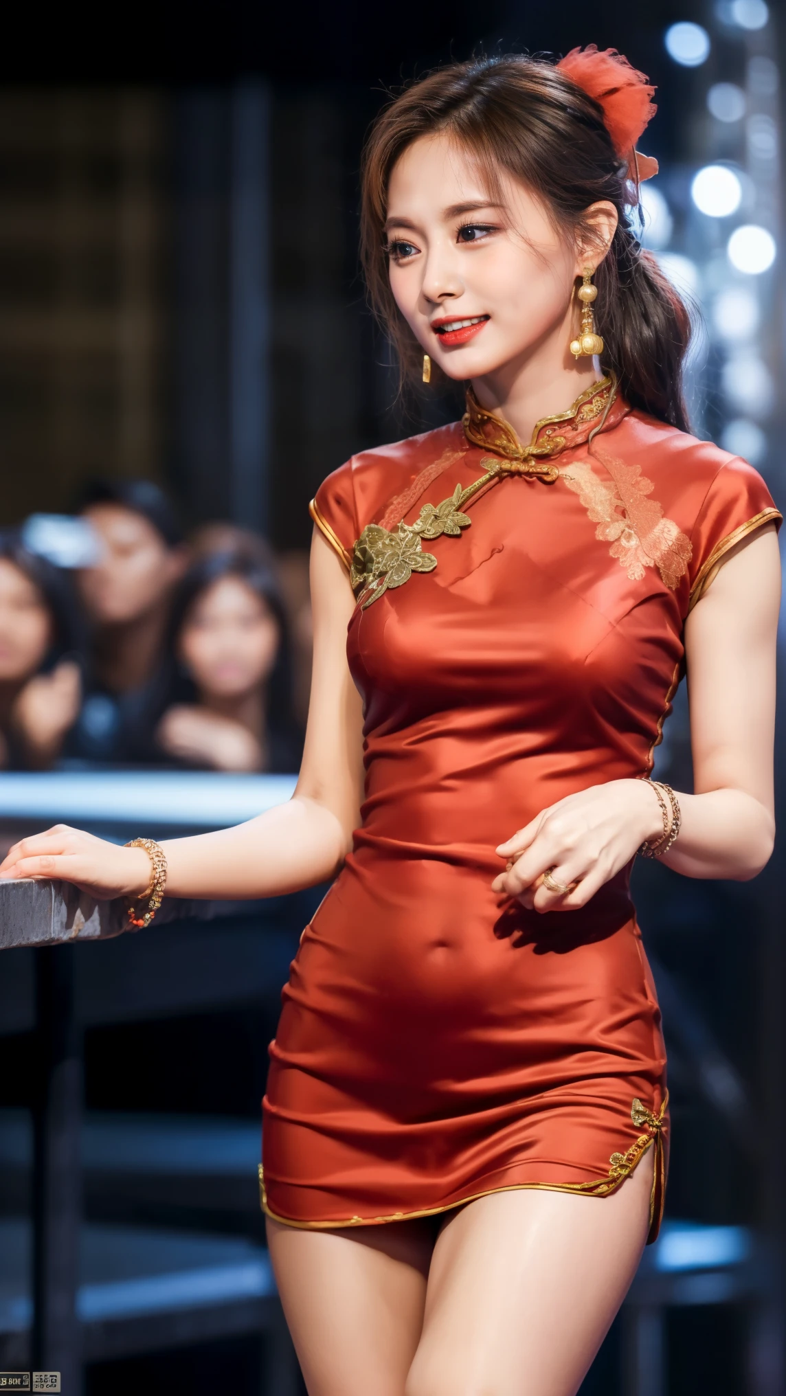 Highly detailed CG Unity 8K wallpapers, Highest quality, Tabletop, Realistic, Like the picture, Highly detailed beautiful woman, 22 years old,((Semi-long hair))、(((Large Breasts)))、sexy,glamorous,Big round eyes, Realistic female hands、Audience, smile, ((Tall beautiful woman))、Lips parted, Full body shot , A long Chinese dress worn on bare skin(((Nipples can be seen through the top of clothes))),Gorgeous gold embroidery on a red background(Ultra-thin fabric),obscene clotheuchimuchi、Beauty that captivates men,