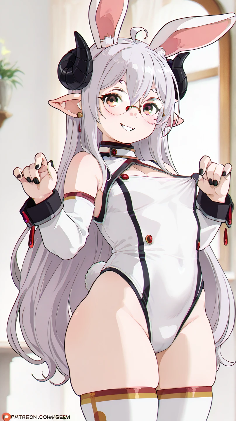 best quality,best reaolution,(fluffy anthro furry :1.6),(young :1.6), rabbit girl,small breasts,wavy hair,curvy hair,long hair,white rabbit ears,white rabbit tail,(white fur :1.6),red eyes,glistering eyes,sparkle eyes,huge circle glasses,looking at viewer,full face blush,beautiful cafe,romantic light,light and shadow,heart eyes,heart expression eyes,sexy face,smile,stand, white panties