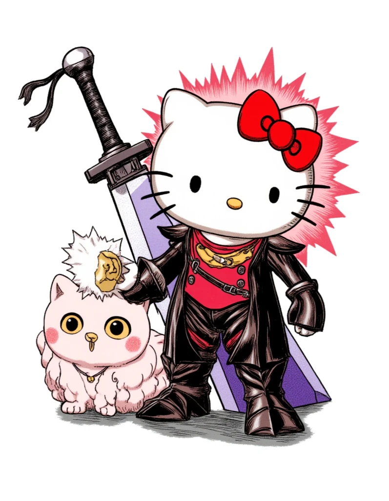obra-prima, bright colors, , Color aura and eyes ,hello ((hello kitty)), , #cartoon #SeaArt Infinity, white background, desenho, ((cartoon)), ((Hello kitty guts berserk)), , ((hello kitty)), hello kitty , #berserk, sword in the back, estilo guts, black swordsman,