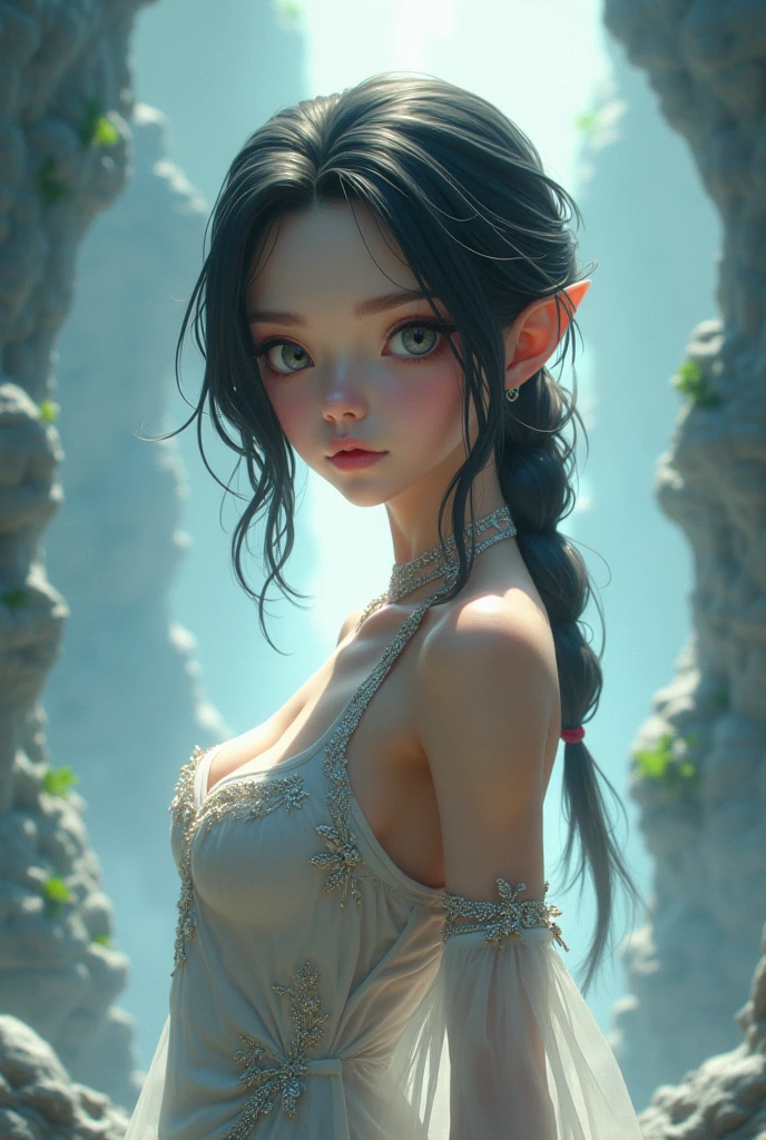 There's an elf (Arshes No de Bastard) ultra thin bikini, elfa adulta de 30 anos, Morena, marrom (Peta Jensen), (Camgirl), (onlyfans) posando sob um arco de pedra arruinado, Ancestral ruins, covered by vegetation and vineyards, Aztec Ancient Ruins, cinematic natural light, dust particles in light, Bottom view, Bottom viewing angle, olhar de baixo para cima, olhando de baixo, close de baixo, MULHER SEXY, sensual, provocador, cabelos escuros, hair with a long braid over the chest, smaller braids on the head, Dark grey head |, olhar sexy, olhos verdes, branca, sarda no rosto, realista, boca entreaberta, sensualidade ao extremo, Seios enormes (Oppai), massive breasts, seios grandes soltos (Latina Jennifer Mendez adult video 1 8 years), seios arredondados, seios grandes (Angela White) com pintas, sardas, Fundo, sardas no peito, piercing na barriga, barriga sexy, barriga levemente marcada, Fofa, sexy :8, A partir de 8 K fosco, sexy look at the camera, Ultra thin white bra, molhado, transparente, pose atraente, ultra thin bikini, tanga amarrada na cintura, Branco, bikini squeezing breasts, seios explodindo, bicos duros, mamilos endurecidos, enrijecidos, Excitado, lascivo, provocador, corpo sexy, quadril largo, coxa grossa, Pose sexy, Realistic bikini, corpo perfeito, 4k], Tiny white bra, 4 mil ], Sling bikini, realista, perfect  lighting, contraste perFeito, sombra,Bottom view, camera from below, realista, filtro escuro, profundidade, 4k