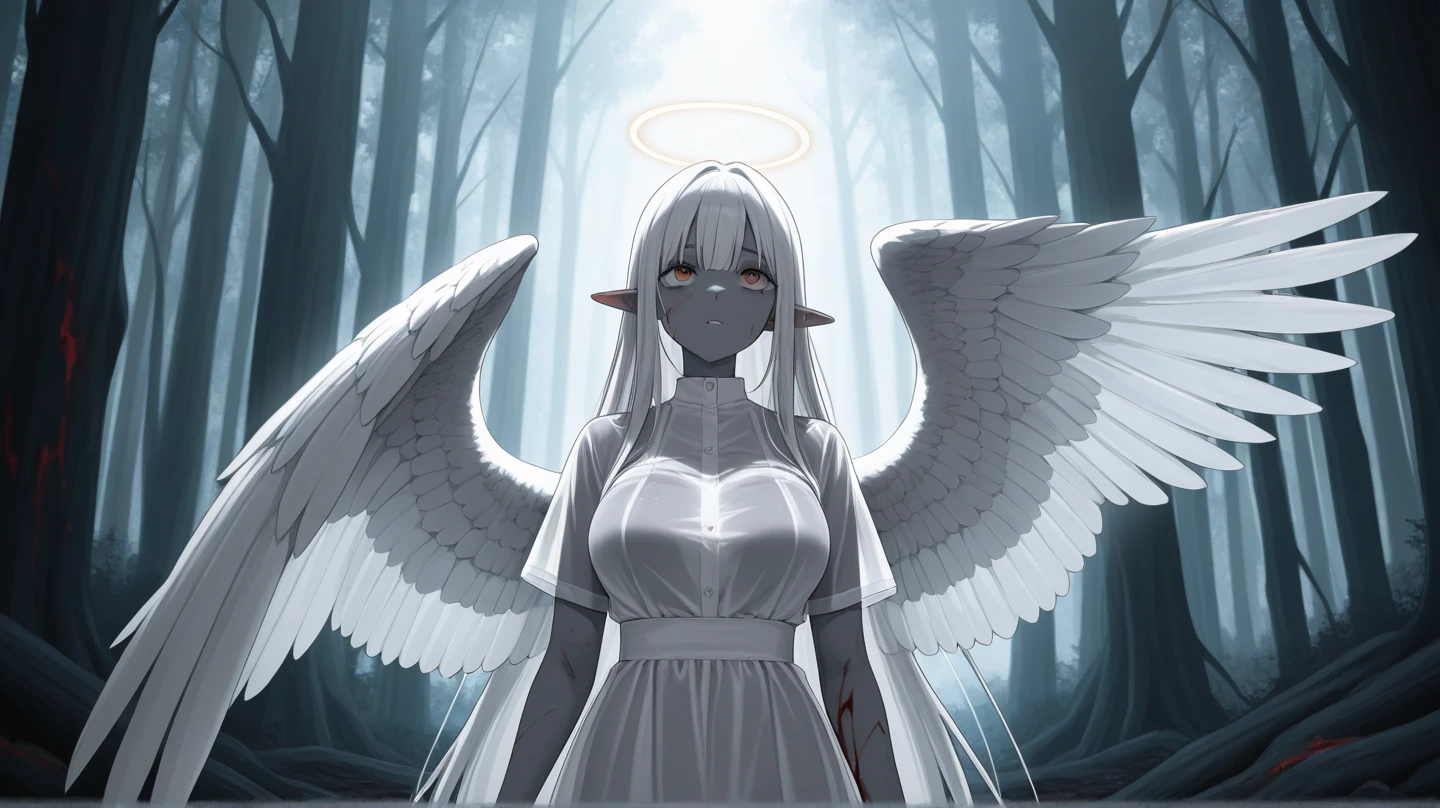 "A full-body portrait of a female demon with a gentle, mischievous smile. She is dressed in her usual light, transparent clothing that flows elegantly around her figure. She has prominent demonic horns and a glowing halo above her head, signifying her unique status as a demon blessed with divine attributes. Her wings are pure white, creating a striking contrast against her dark attire. Her glossy pink lips add to her seductive yet affectionate expression. She stands confidently, exuding both darkness and light, with a background that blends shadows and soft light to reflect her dual nature."One girl, Very long hair, Open your mouth a little, Angel Halo, Highest quality, High resolution, High-resolution model, Large Breasts, tongue, Drooling, Saliva stringing, smile, Character portrait, Background blur, Anime Style,