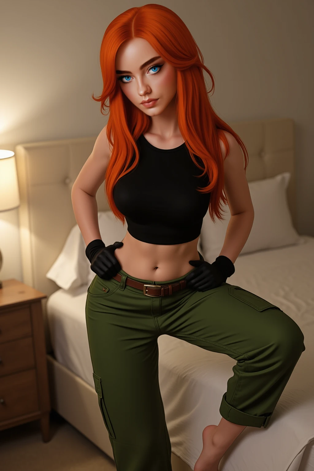 The most beautiful ((red haired girl, messy hair)) (big breasts) in safari shirt laying on the bottom of the tent, hands behind head, night scene 