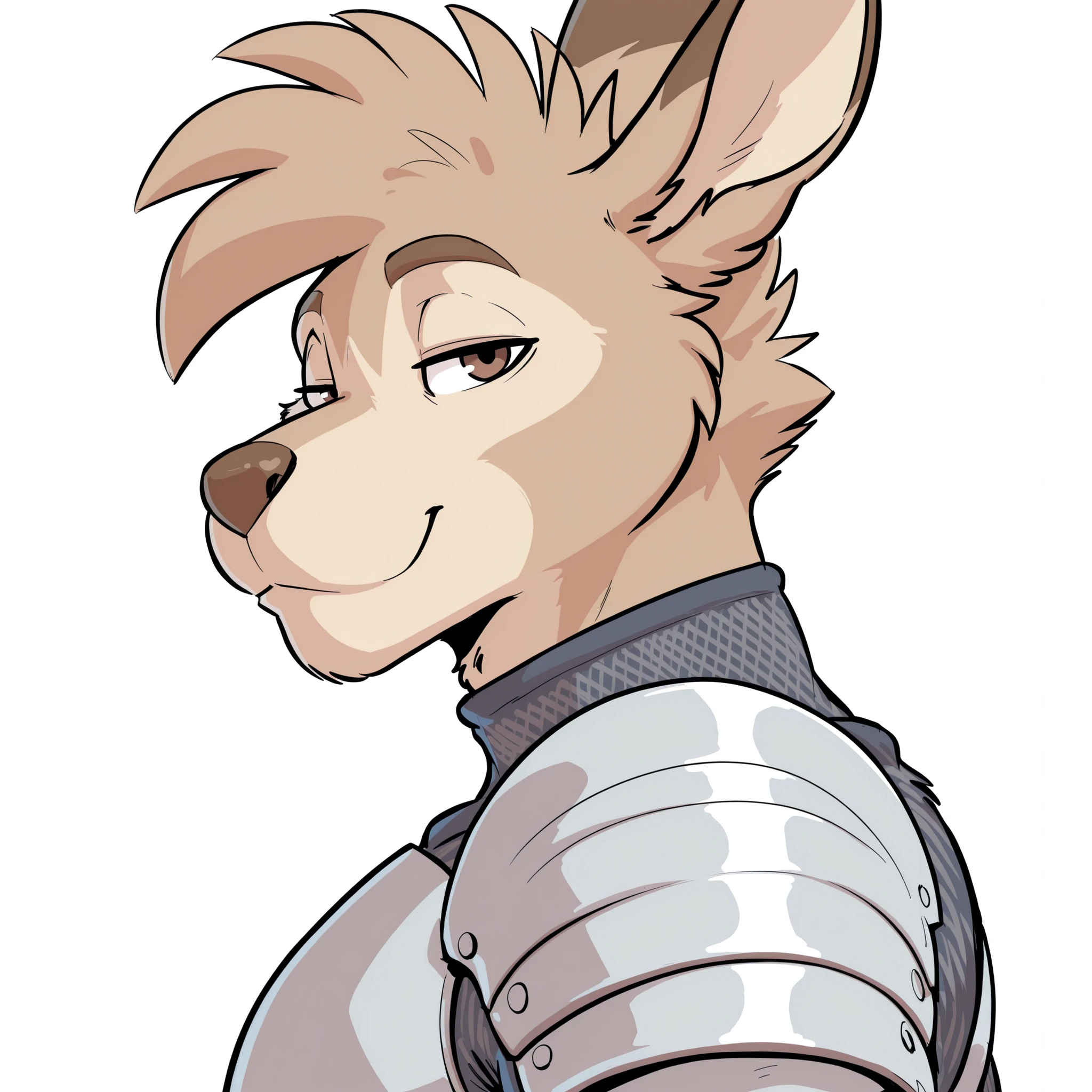 masterpiece, best quality, amazing quality, anthro hare, male, (solo), brown eyes, light brown fur, hopeful, kind, looking at viewer, short hair, white background, (hare ears), portrait, face focus, (silver knight armor), athletic man, muscular, tall, from the side, confident, (chainmail long-sleeve undershirt), mail pants, faint smile, High Resolution, Masterpiece