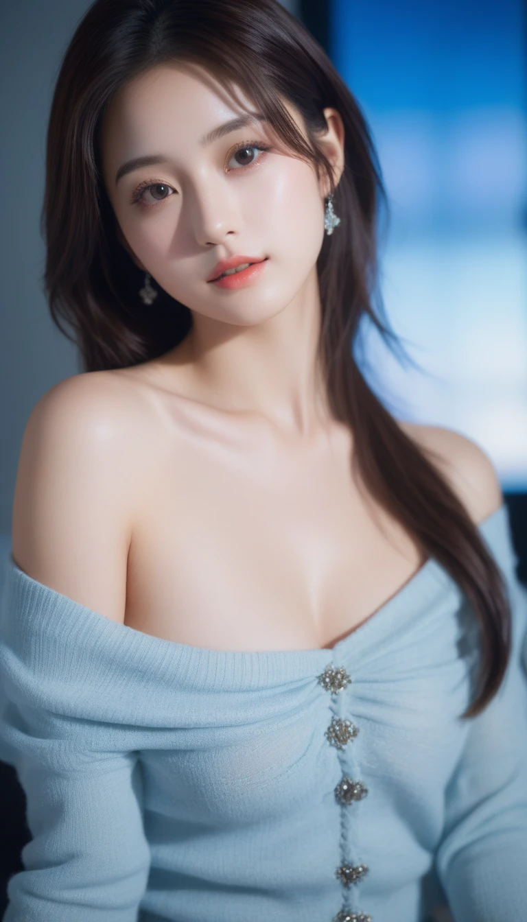 split,best quality, masterpiece, ultra high resolution, (lifelike:1.4), original photo, 1 girl, dress, High neck and shoulder offset, blue flower field, flowers,glowing skin, faint smile,(Plump chest 1.3),(The chest does not leak,wrapped in clothes)