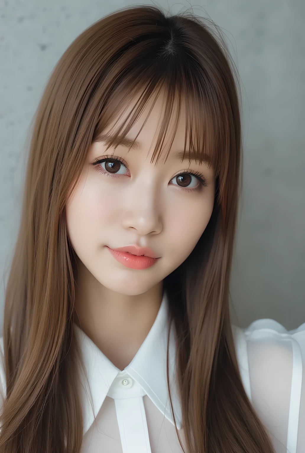 ultra-realistic, photorealistic, best quality, 8K, top-quality, masterpiece, ultra-detail, super high resolution, Improvement of quality, Enhances the beauty of skin texture, Clean and glowing skin, Smoother lighting, Improving the quality of cinema lighting, Backlight, A gentle light for face, 32K, 1girl, solo, Meru Nukumi, small head, perfect female body, Skinny, Slim Waist, large breasts, detailed skin, smooth skin, (fair skin, white skin:0.5), Beautiful Lips, Beautiful Face, (White Collared blouse), High resolution, Natural look, Improves hair quality, Delicate light and shadow, Beautiful Eyes, Sharp details, Soft light reflection, Delicate skin tone, Fine hair texture, beautiful hair, pink cheek, Light Smile, Beautiful and perfect face, perfect anatomy, Kind eyes, (beautiful black eyes, beautiful detailed eyes, detailed eyes:1.2), gray background, meru_nukumi, nukumi_meru_flux_, Upper Body:1.3, Portrait, from front, beautiful detailed face, face focus,