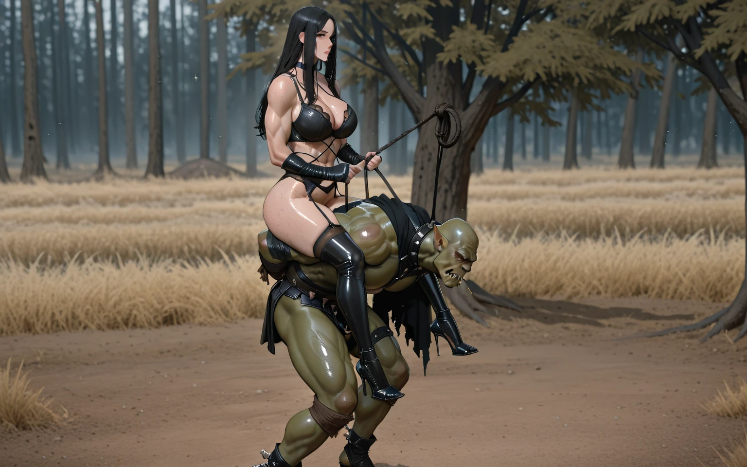 masterpiece, goblinriding, a goblin is riding a Tawny Newsome, (all fours), 1Tawny Newsome, PREGNANT, BIG breasts, (armor:1.1), (nose hook), reins, collar, KofuneMio , black hair, short hair, blue eyes, dark skin, blank eyes, empty eyes, emotionless, expressionless
