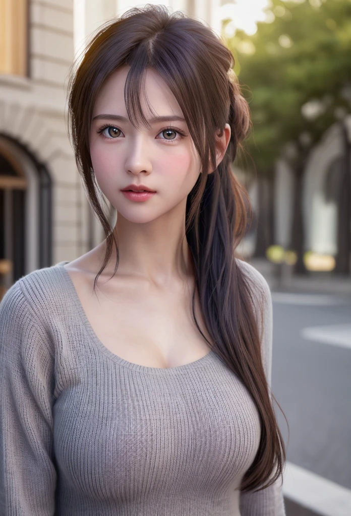 8K, of the highest quality, masutepiece:1.2), (Realistic, Photorealsitic:1.37), of the highest quality, masutepiece, Beautiful young woman, Pensive expression,、A charming、and an inviting look, Oversized knitwear、cleavage of the breast, Hair tied back, Cinematic background, Light skin tone