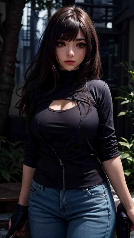 Cute dark skinned Chinese girl wearing glasses, detailed skin tight jeans, tight crop top